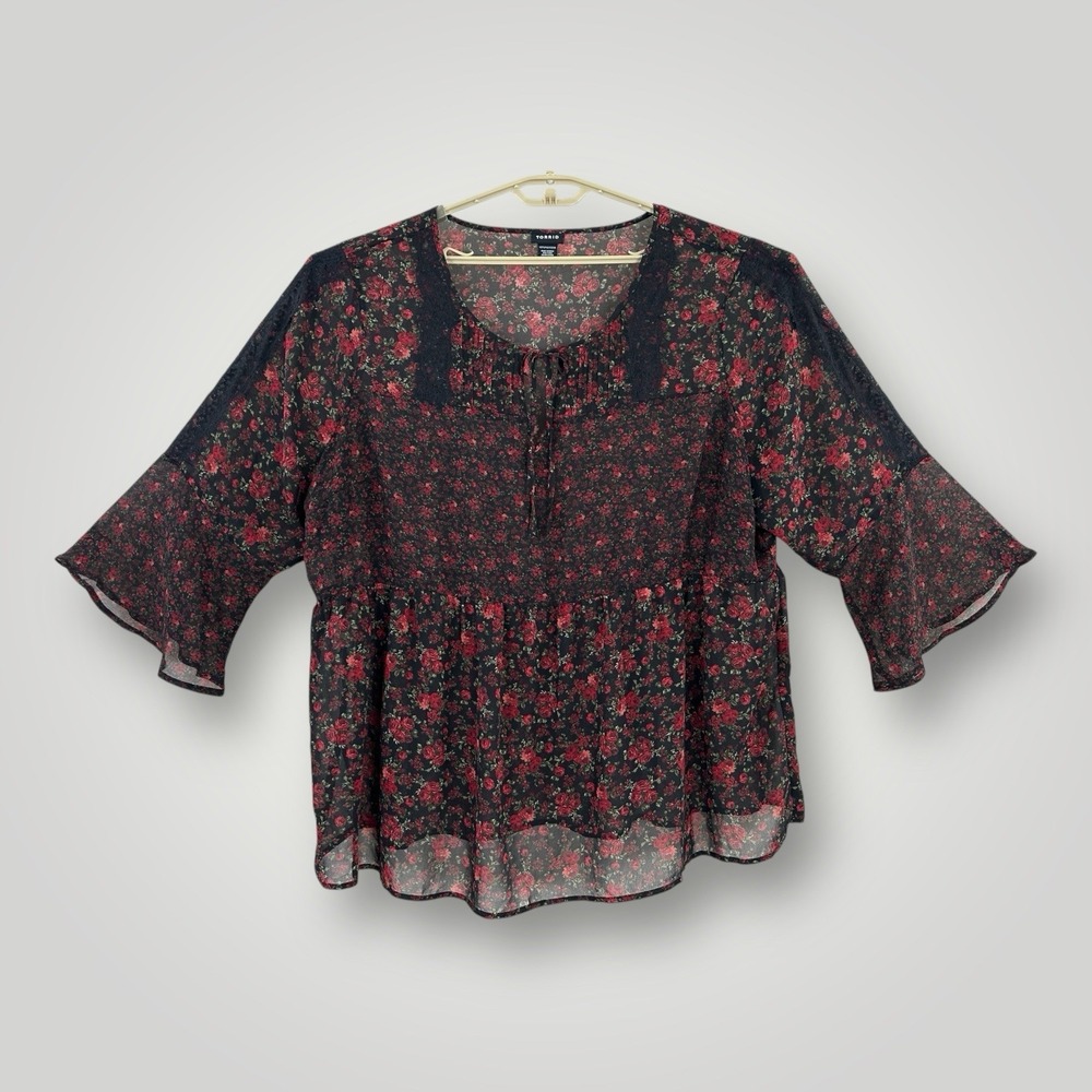 Torrid Babydoll Chiffon Tunic Sheer Black Floral Blouse Womens 3X Boho Bohemian